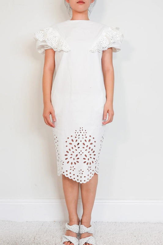 open-knit midi white dress